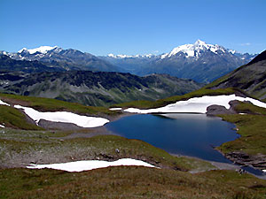 Lac Sans Fond, Aiguille de la Grande Sassire, lac du Chevril et Mont Pourri